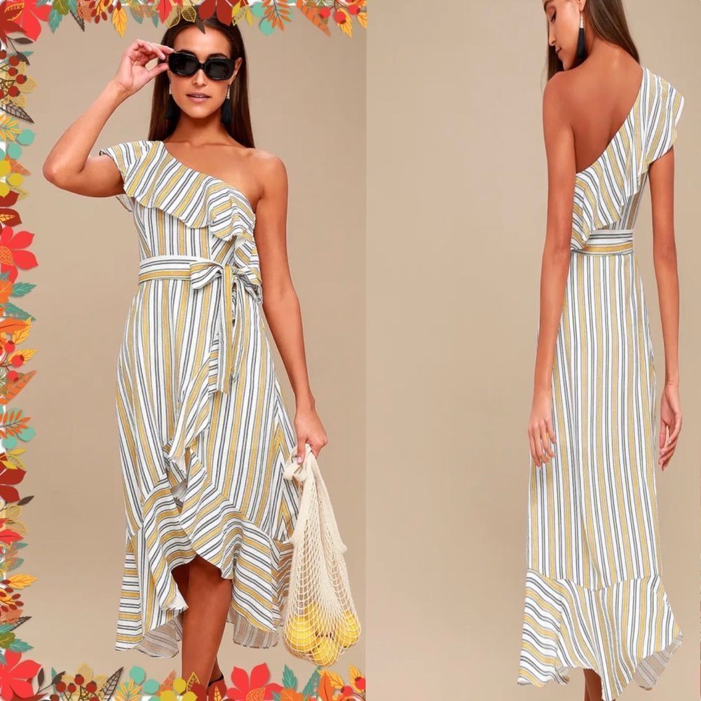 Lulus High Tide Yellow Striped One Shoulder Midi Dress